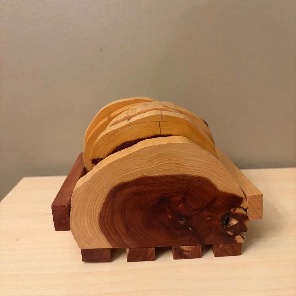 Unique One of a Kind Cedar Wood Coaster Set  Holder Rustic Live Edge‎ Log Slice